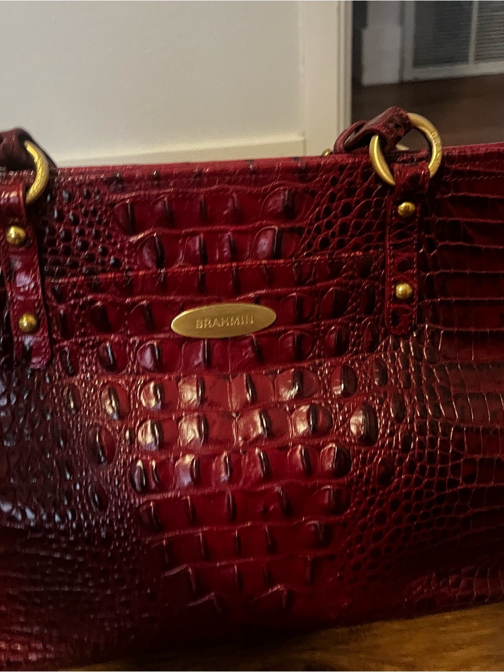 Brahmin Burgundy Croc-Embossed Leather Tote with Gold Hardware